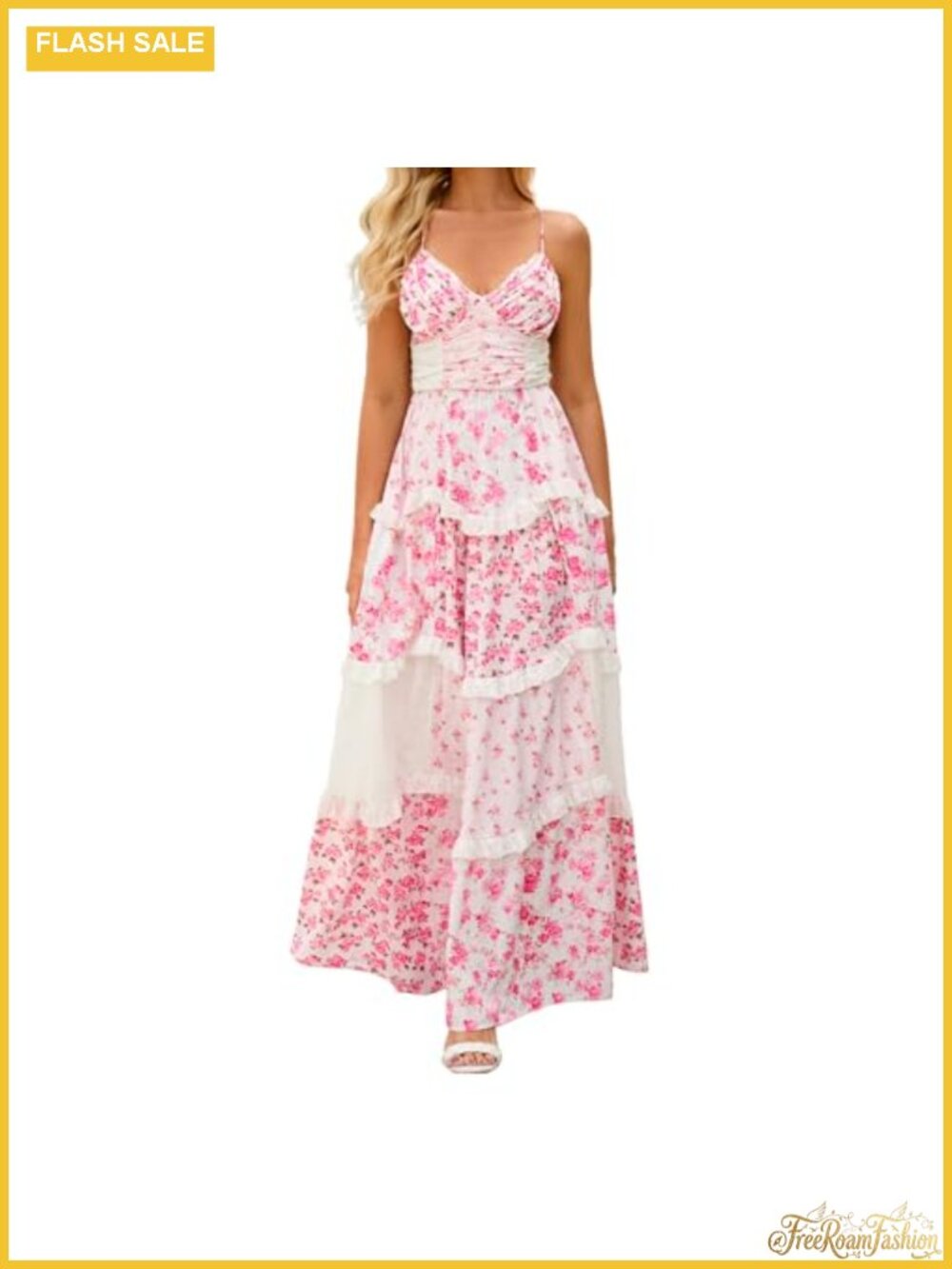 Women Floral Maxi Dress Spaghetti Strap V-Neck Tiered Boho Sundress